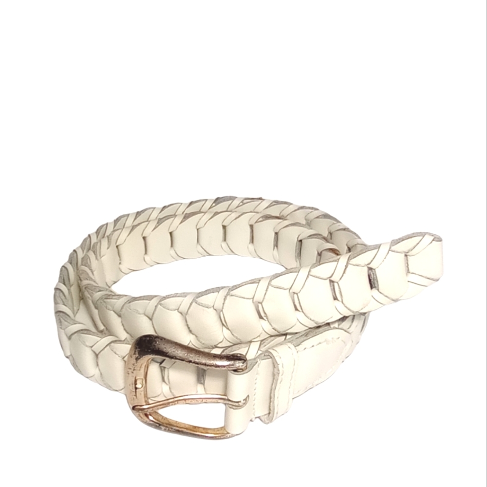 County Seat Vtg White Braided Genuine Leather Solid Brass Buckle Women's Belt